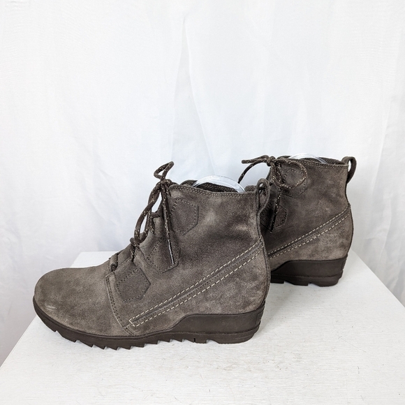 Sorel Evie Lace Up Grey Suede Leather Wedge Ankle Booties - Picture 4 of 9